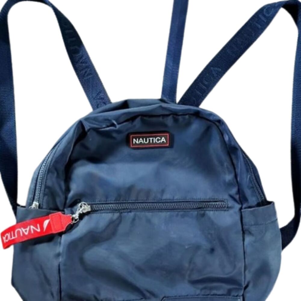 Nautica Navy Blue Nylon Backpack Red Logo Pull Travel School Bag Unisex
